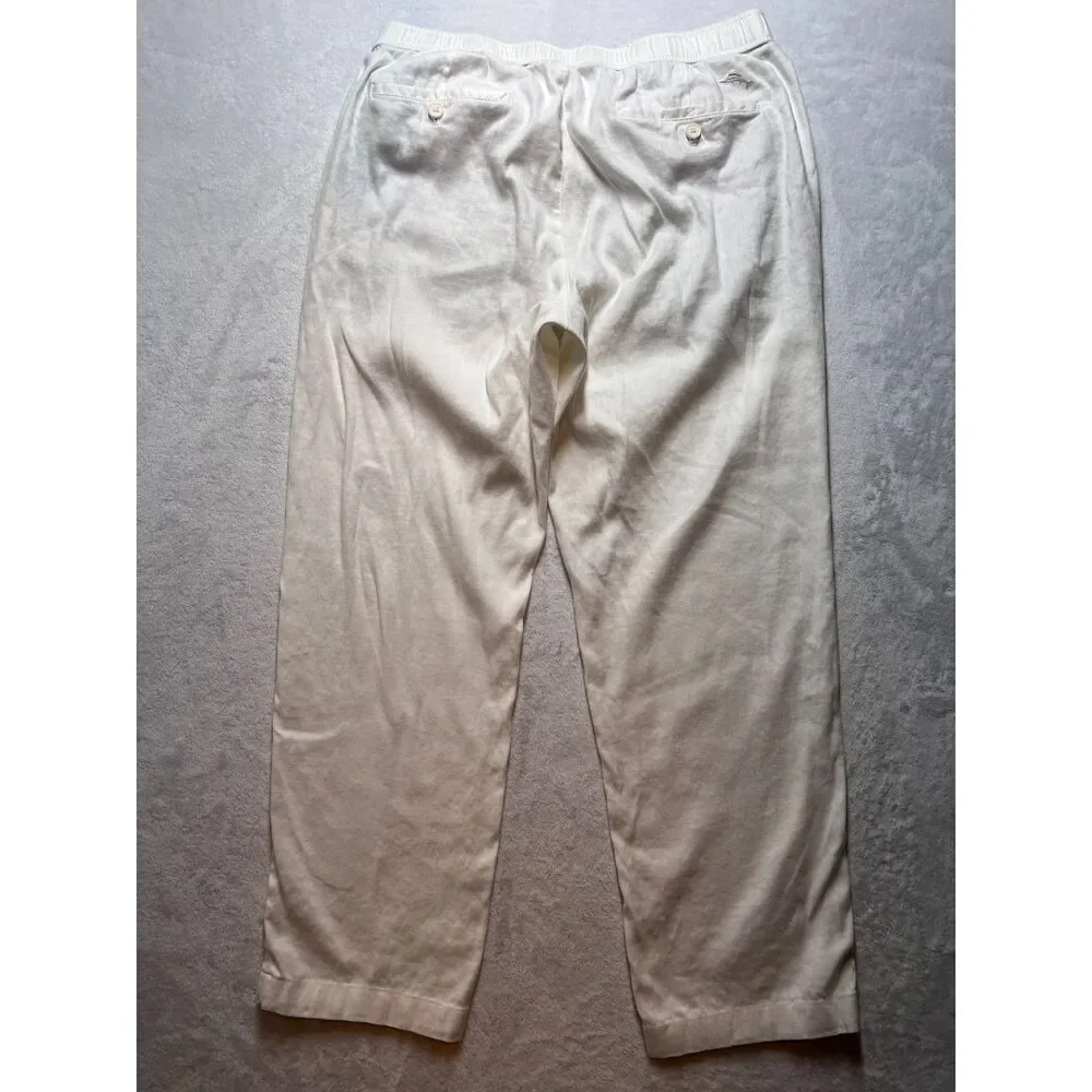 Tommy Bahama Men's White Linen Blend Elastic Waist Straight Leg Pants Size L 32
